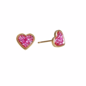 6x6mm Pink Glitter Heart Gold Plated over Surgical Stainless Steel